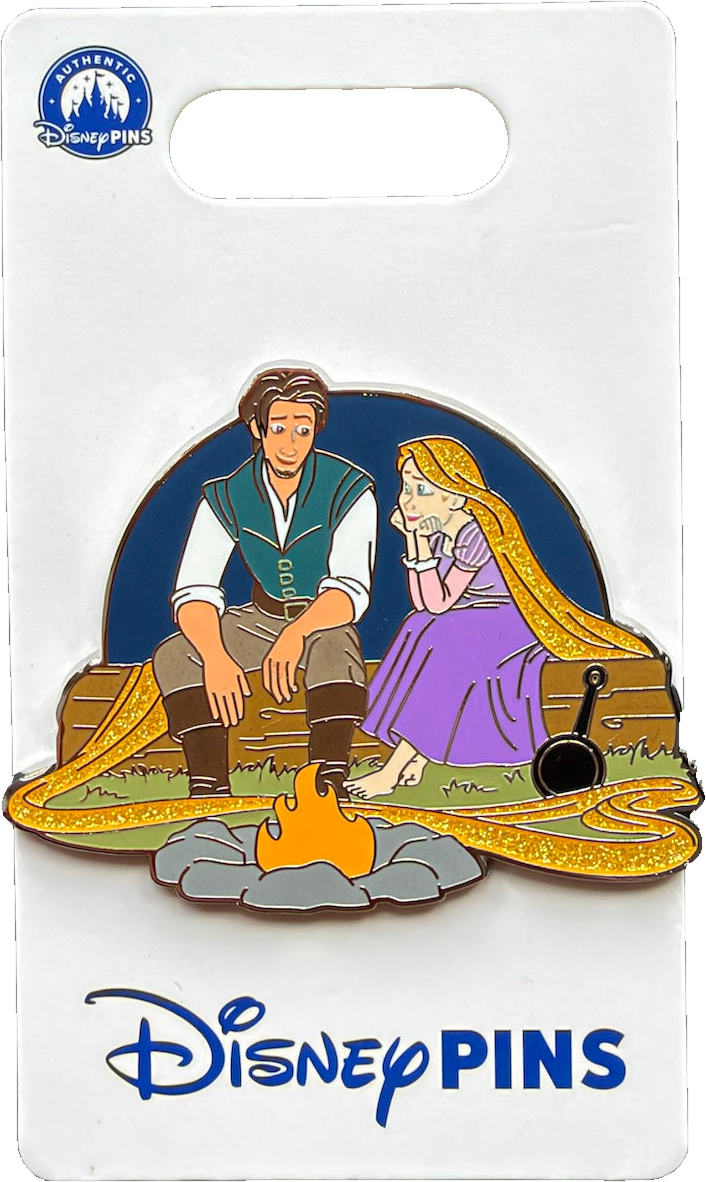 Flynn Rider and Rapunzel sitting beside a campfire, Tangled Disney pin on its backing card