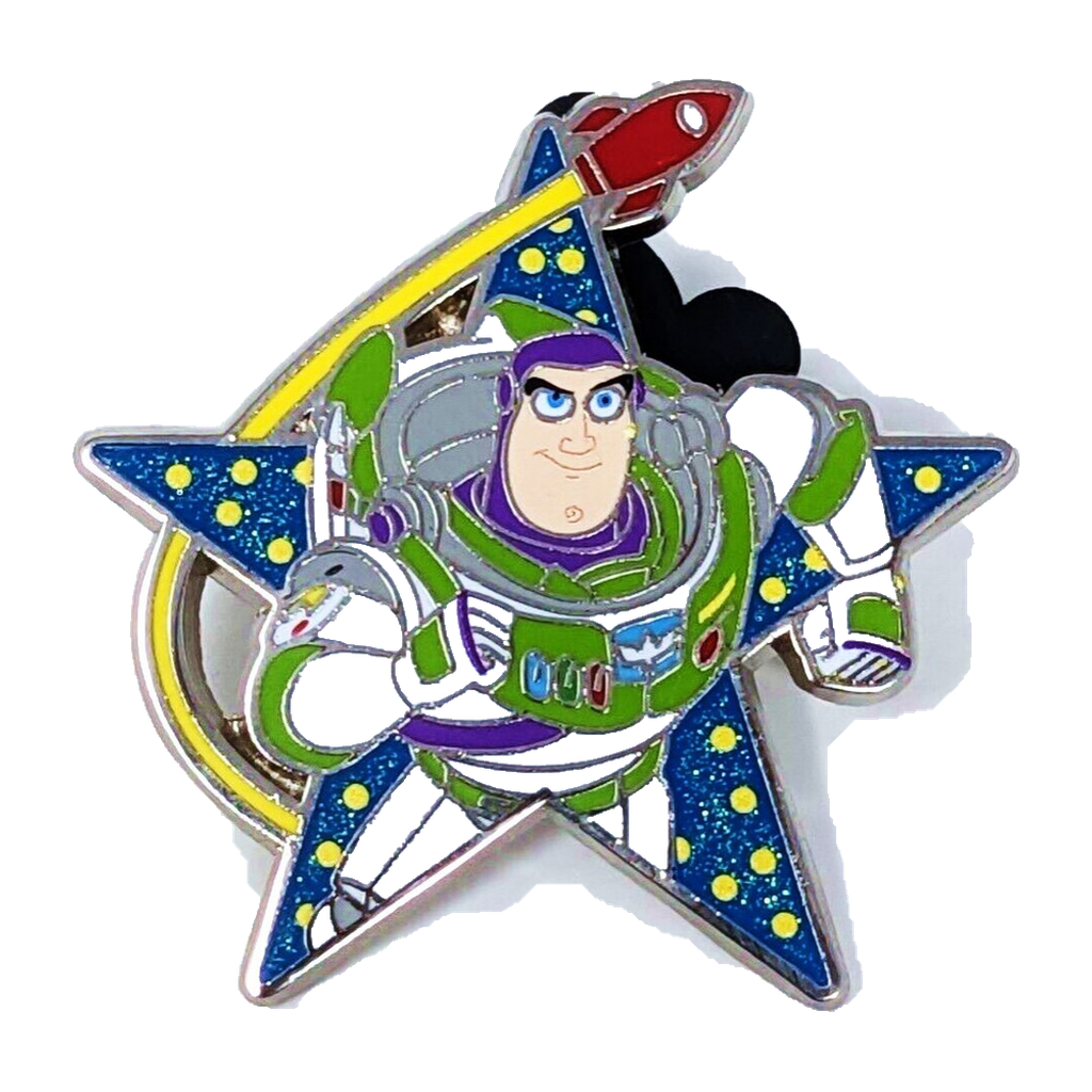 Buzz Lightyear Glitter Star — Toy Story 4 Mystery — loose single pin; reference photo from PIN & POP