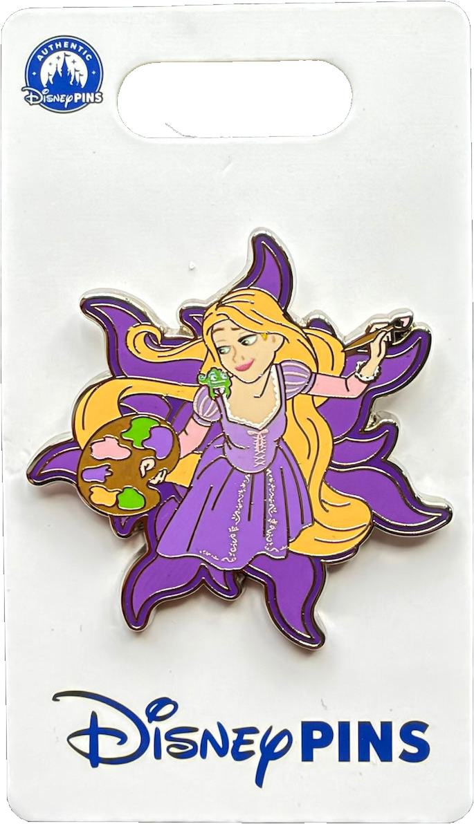 Rapunzel painting with Pascal against a purple sun icon, Tangled Disney pin on its backing card